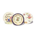 Three English porcelain plates, c.1760-1800, one Chelsea and painted with flower sprays, brown