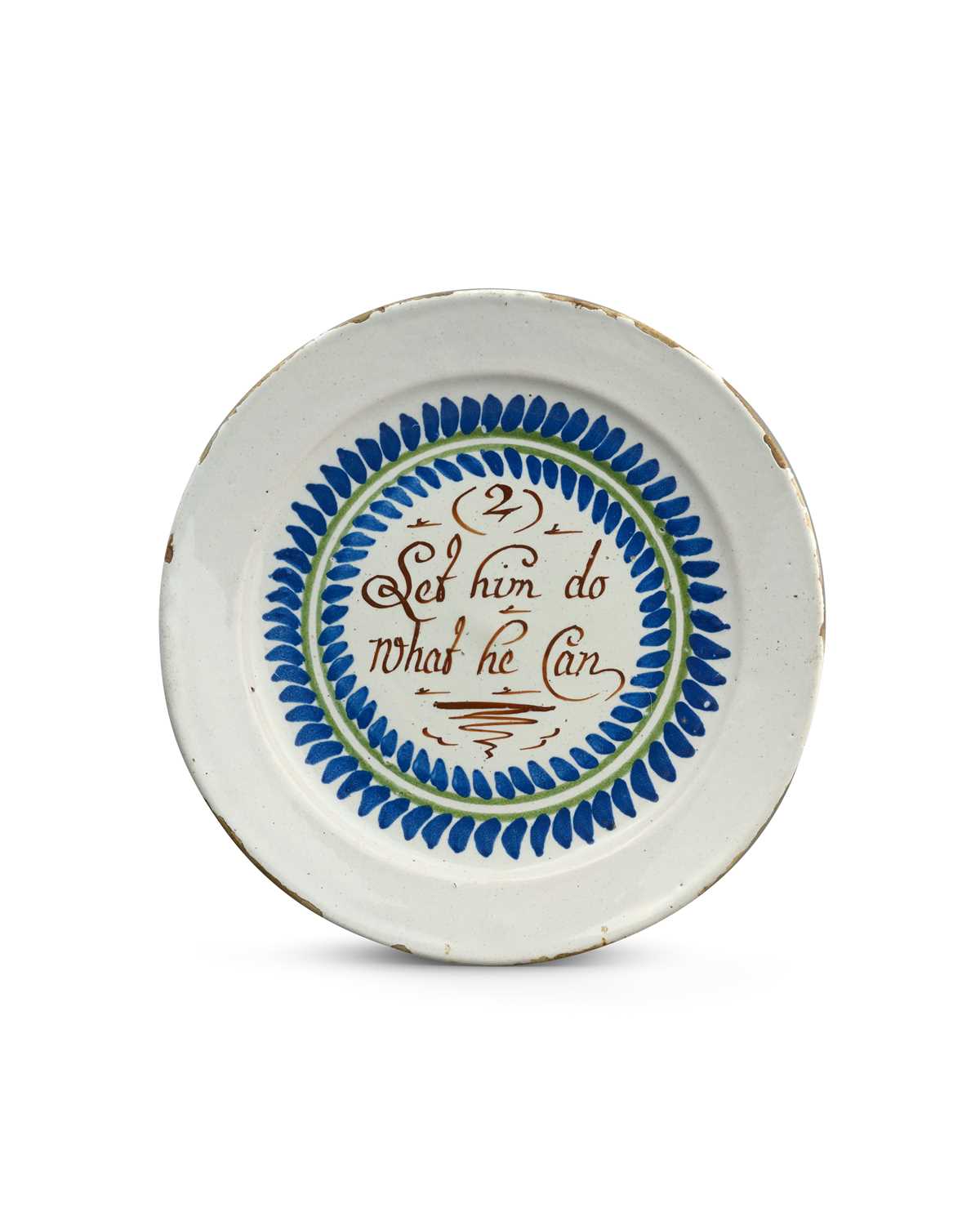 A rare and early London delftware 'Merry Man' plate, c.1720, inscribed in red with '(2) Let him do