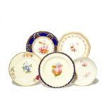 Five English porcelain plates, c.1770-1820, including a Derby saucer dish painted with flowers, a