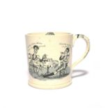 A satirical pearlware mug, c.1820-25, printed with a version of Isaac Cruikshank's Dandies at Tea,