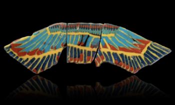 Three Egyptian mosaic glass wing inlay fragments circa 1st century BC / AD with turquoise and blue