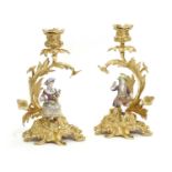 A PAIR OF ORMOLU AND PORCELAIN CANDLESTICKS THE PORCELAIN POSSILBY MINTON, LATE 19TH CENTURY each