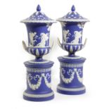 A LARGE PAIR OF WEDGWOOD DIPPED BLUE JASPER POT POURRI VASES, COVERS AND STANDS 19TH CENTURY of