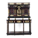 A PAIR OF SPANISH WALNUT AND EBONISED CABINETS ON STANDS IN BAROQUE STYLE, LATE 19TH / EARLY 20TH