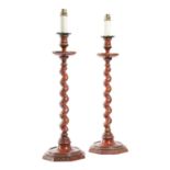 A PAIR OF RED JAPANNED CANDLESTICK TABLE LAMPS IN QUEEN ANNE STYLE, LATE 19TH CENTURY each decorated