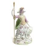 A DERBY PORCELAIN FIGURE OF MINERVA C.1765 standing with her right arm raised, her left hand resting