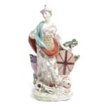 A DERBY PORCELAIN FIGURE OF BRITANNIA C.1760-65 wearing a helmet, resting one hand on her shield