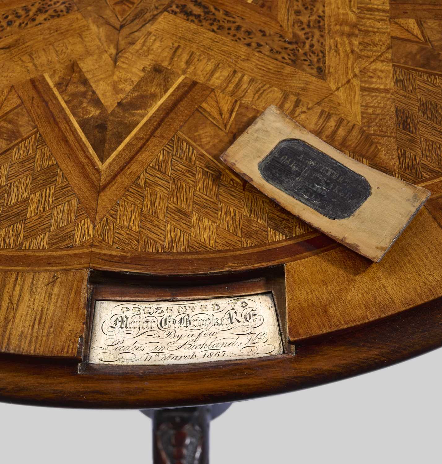 A RARE NEW ZEALAND NATIVE SPECIMEN WOOD PARQUETRY 'CARD' TABLE BY ANTON SEUFFERT, AUCKLAND, DATED ' - Image 2 of 6