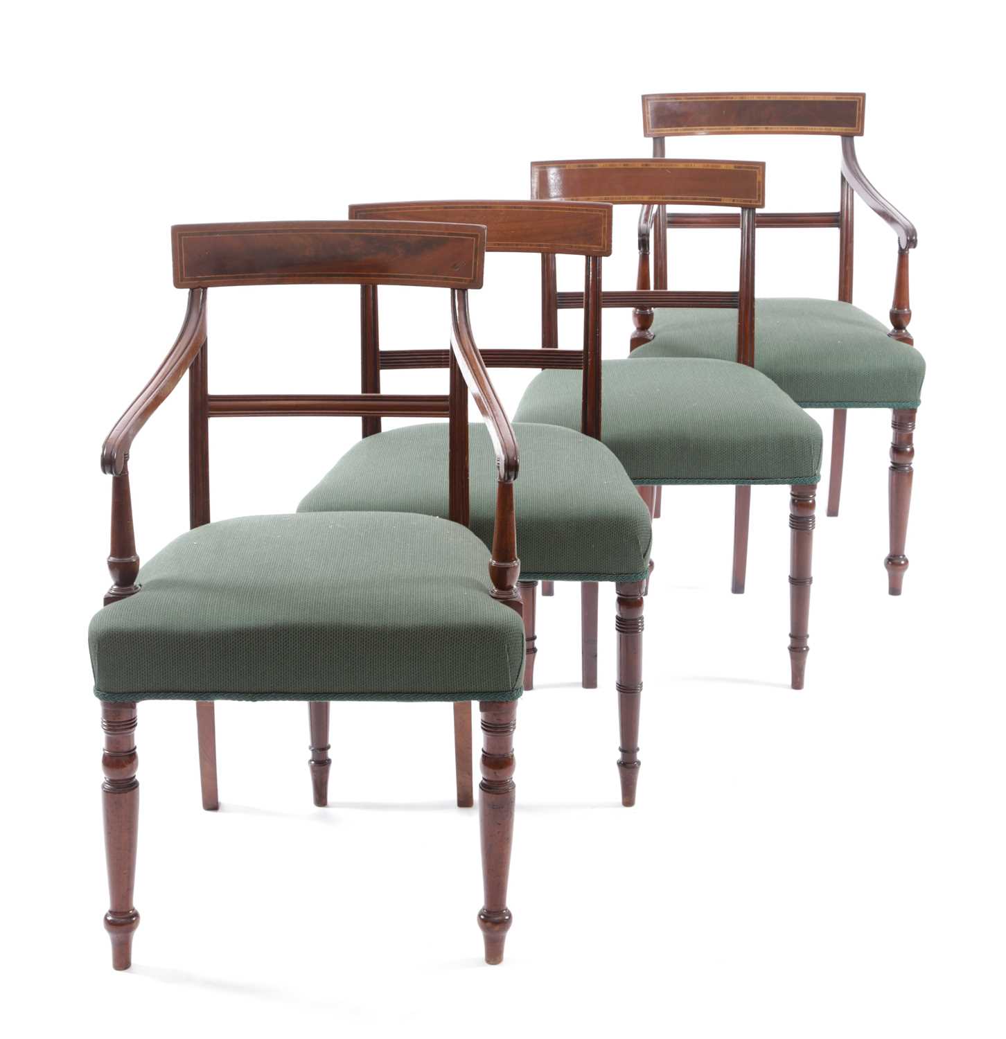 FOUR MAHOGANY DINING CHAIRS 19TH CENTURY each with a curved toprail with kingwood banding, on turned