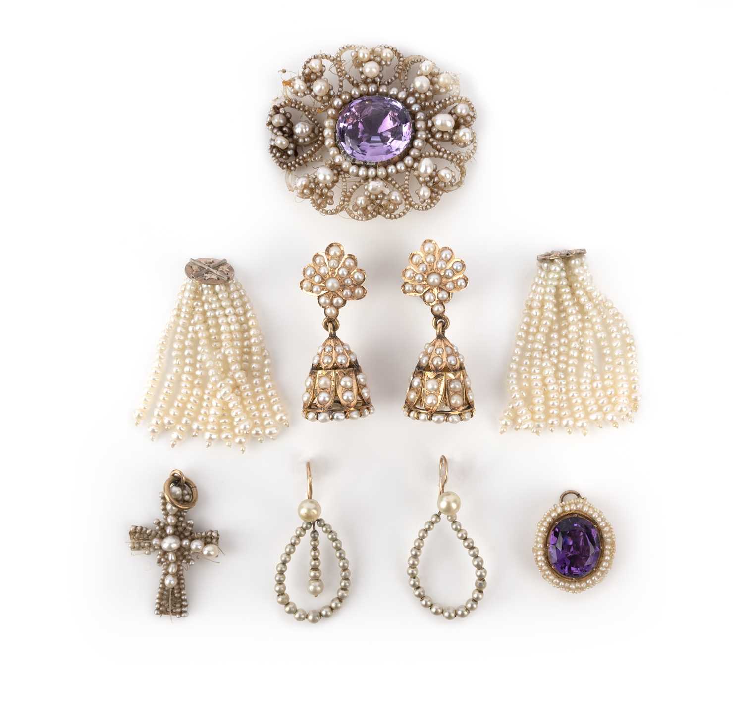 A group of seed pearl and amethyst jewels, 19th century, comprising: a brooch, set with a cushion-
