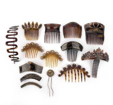 λ A collection of tortoiseshell hair ornaments, 19th century, comprising: a headband of meander