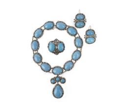 An enamel and marcasite parure, late 18th century, comprising: a necklace, a pair of earrings and