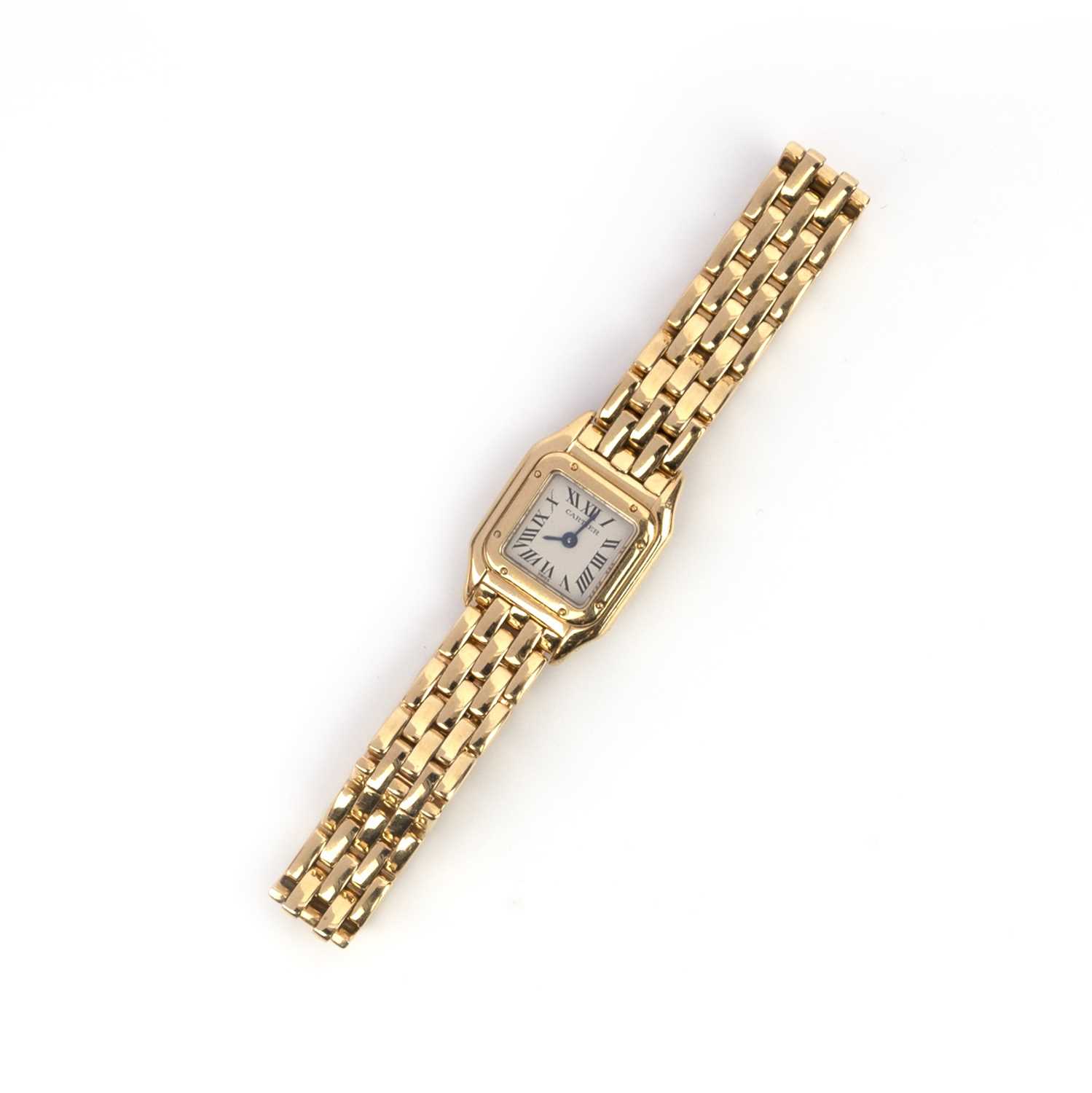 Cartier, a lady's gold wristwatch, 'Mini Panthère' ref. 1130, the square dial in cream enamel with