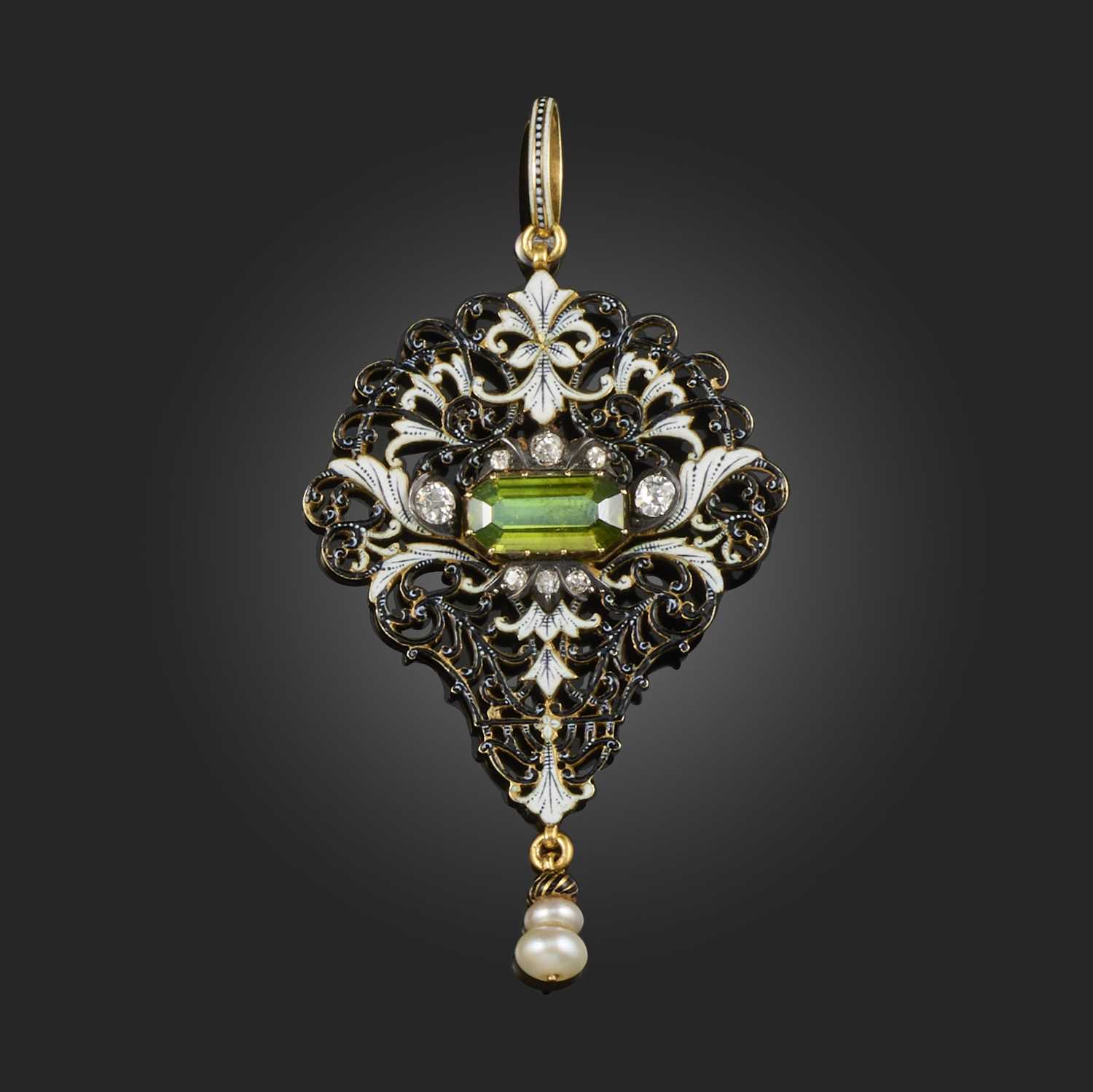 Carlo Giuliano, an enamel, zircon, pearl and diamond pendant, late 19th century, of elaborate