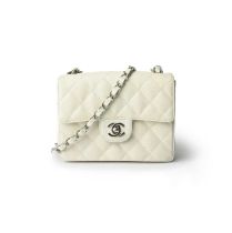 Chanel, a quilted white caviar leather mini Square Classic Flap Bag 2005-2006 Silver tone hardware