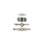 A collection of opal and diamond jewels, early 20th century, comprising: an opal and diamond bar