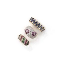 Three gem-set and diamond rings, comprising: a ring of bombé design, pavé-set with brilliant-cut