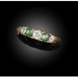 A five-stone turquoise and diamond ring, early 20th century, set with circular-cut diamonds and