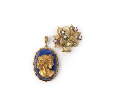 A gold, chalcedony and diamond pendant, circa 1975, and a gold and gem-set brooch, circa 1984,