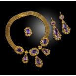 A George IV amethyst parure, 1830s, comprising: a necklace, the front set with three oval amethysts,