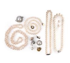 A group of cultured pearl jewels, comprising: a brooch, set with three cultured pearls of gold, grey