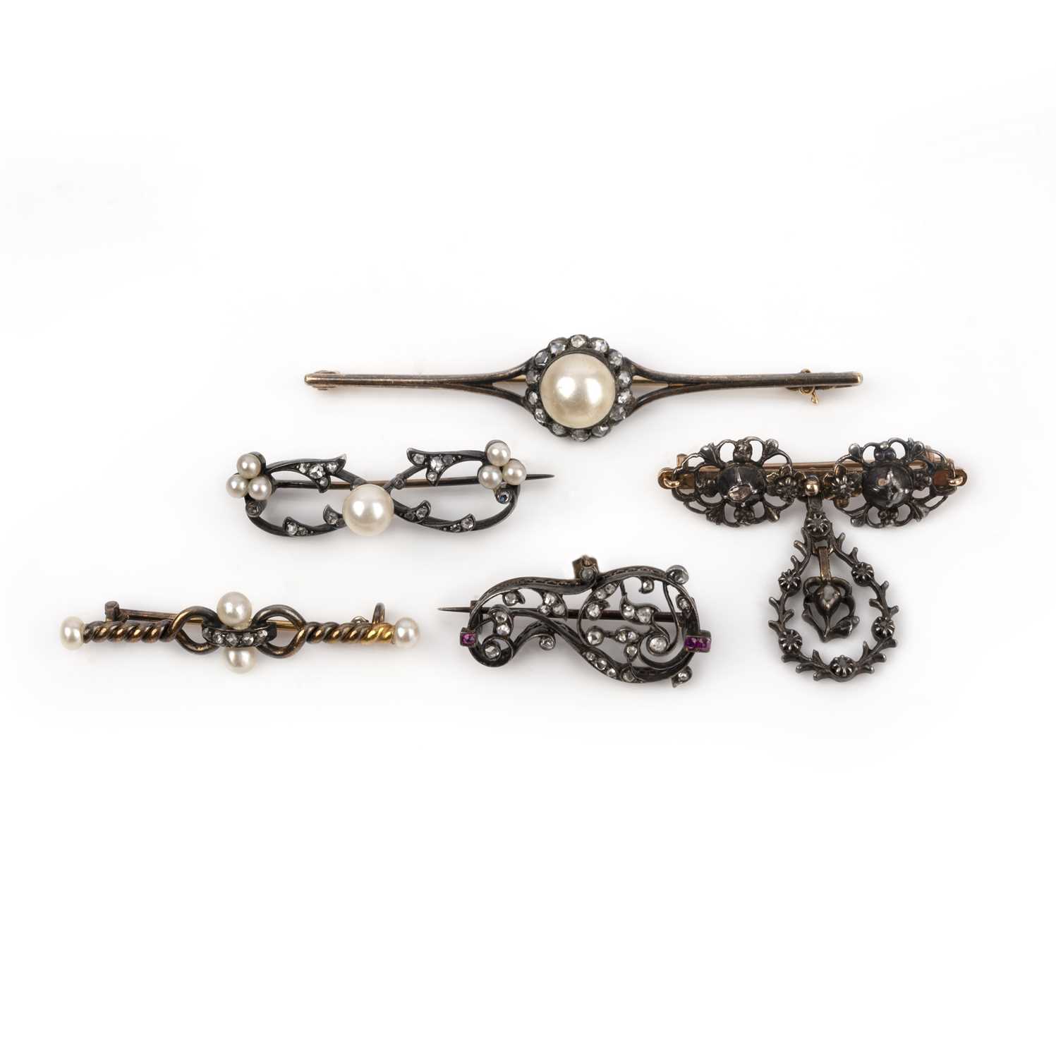 A group of five pearl and diamond brooches, 19th and early 20th century, comprising: a broch of