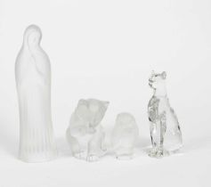 A Modern Lalique clear and frosted glass model of a cat, modelled seated licking its paw, in