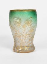 An Art Nouveau Daum glass vase, swollen cylindrical form, pale green graduating to clear, acid