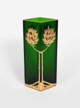 A Josef Riedel Secessionist glass vase, diamond-shaped section, deep green glass, decorated with