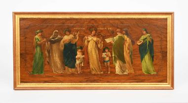 John Eyre RBA RI (1847-1928) Vocal Muses, oil on board for a piano front, framed paper exhibition
