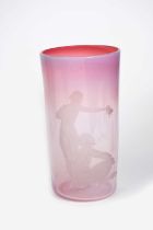 A rare Gray-Stan glass Bacchus vase by Noel Billinghurst, dated 1931, flaring pink opaline glass,