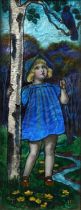An enamel panel of a young girl in a blue dress by HB, the rectangular panel enamelled in colours,