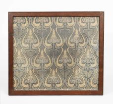 An Art Nouveau textile panel, decorated with simple flower stem repeat, in green and blue, framed 56