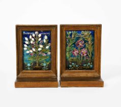 For Thoughts a fine pair of mounted enamel panels by Ernestine Mills, rectangular panels, one