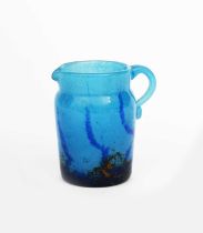 A Daum glass jug, shouldered cylindrical form, blue glass with darker blue pulls, with applied