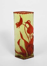 An Art Nouveau cameo glass vase, diamond-shaped section, textured yellow glass, cased in red,