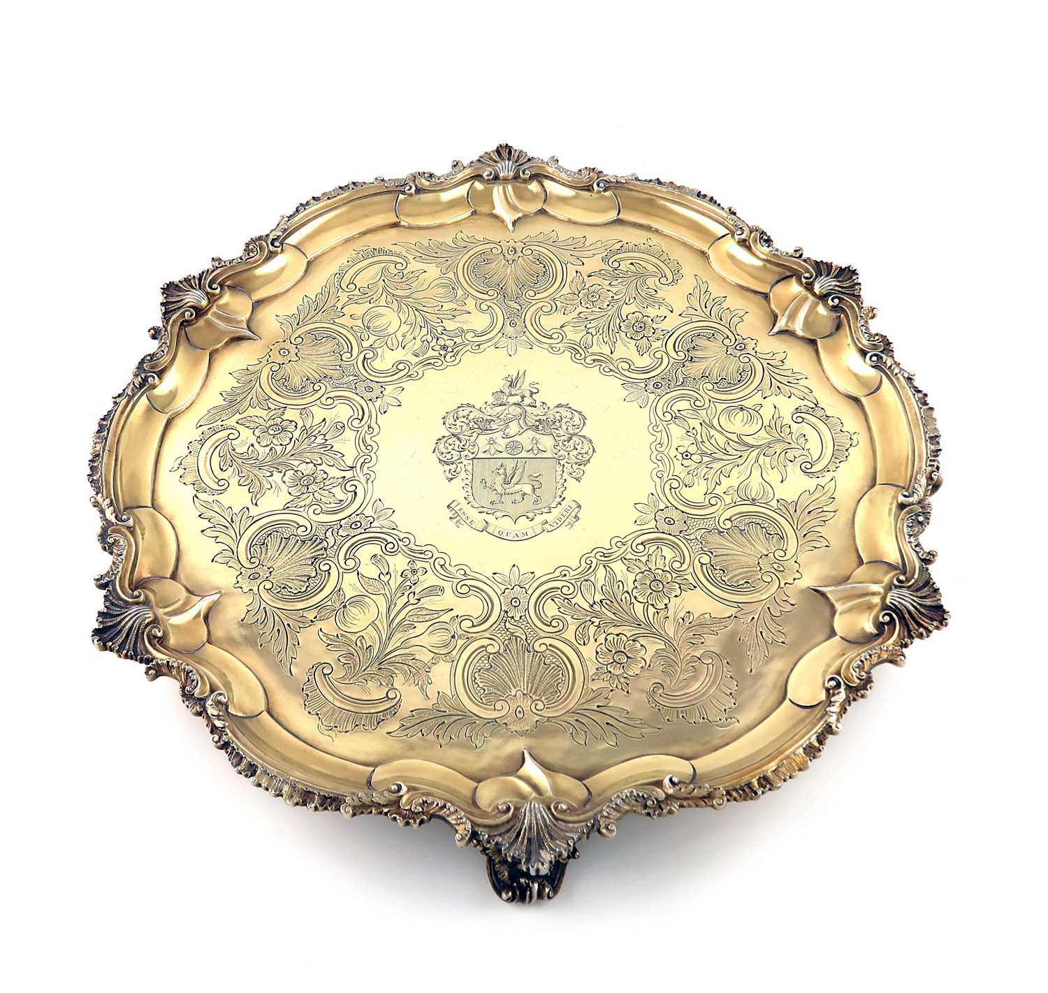A large George III silver-gilt salver, maker's mark IM, London 1807, circular form, shell and scroll - Image 2 of 2