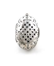 A Victorian silver tea infuser, by Thomas Johnson, London 1856, ovoid form, pierced with foliate