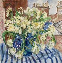 Clare Arbuthnott RSW (Scottish b.1974) Tulips on Blue Stripe Signed with initials CA (lower right)