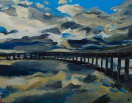 Alastair Faulkner FRCS (Scottish b.1988) Clouds over the Tay Rail Bridge Signed (lower right) Oil on