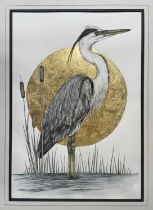 Dais Scott-Bennett (b.1997) Heron in Reeds Signed (lower right) Watercolour, pen and ink, and 24ct