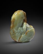 A FINE AND RARE SMALL CHINESE CELADON JADE BOULDER 17TH/18TH CENTURY Depicting a lone scholar gazing