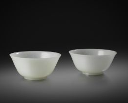 A PAIR OF FINE AND RARE CHINESE IMPERIAL WHITE JADE BOWLS FOUR-CHARACTER JIAQING MARKS AND OF THE