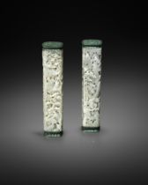 A PAIR OF FINE CHINESE PALE CELADON JADE INCENSE HOLDERS QIANLONG 1736-95 Each with a square-section