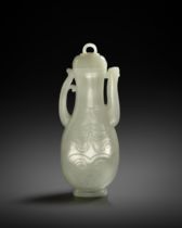 A FINE CHINESE PALE CELADON JADE PEAR-SHAPED EWER AND COVER, ZHIHU QIANLONG 1736-95 The flattened