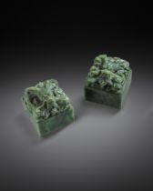 A PAIR OF FINE CHINESE IMPERIAL SPINACH-GREEN JADE 'DRAGON' SEALS 18TH/19TH CENTURY Each with a