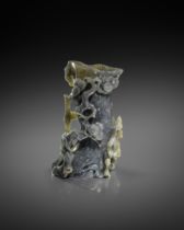 A CHINESE GREY JADE 'THREE FRIENDS OF WINTER' VASE 18TH CENTURY Formed as a section of the trunk