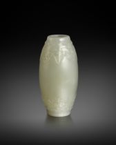 A FINE AND RARE CHINESE WHITE JADE BARREL-SHAPED VASE 18TH CENTURY The elegant ovoid body gently