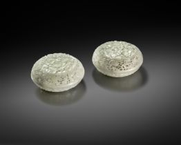 A PAIR OF FINE CHINESE WHITE JADE CIRCULAR INCENSE BOXES AND COVERS 18TH CENTURY With shallow bodies