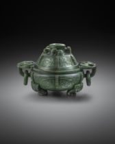 A GOOD CHINESE IMPERIAL ARCHAISTIC SPINACH-GREEN JADE INCENSE BURNER AND COVER 18TH CENTURY Carved